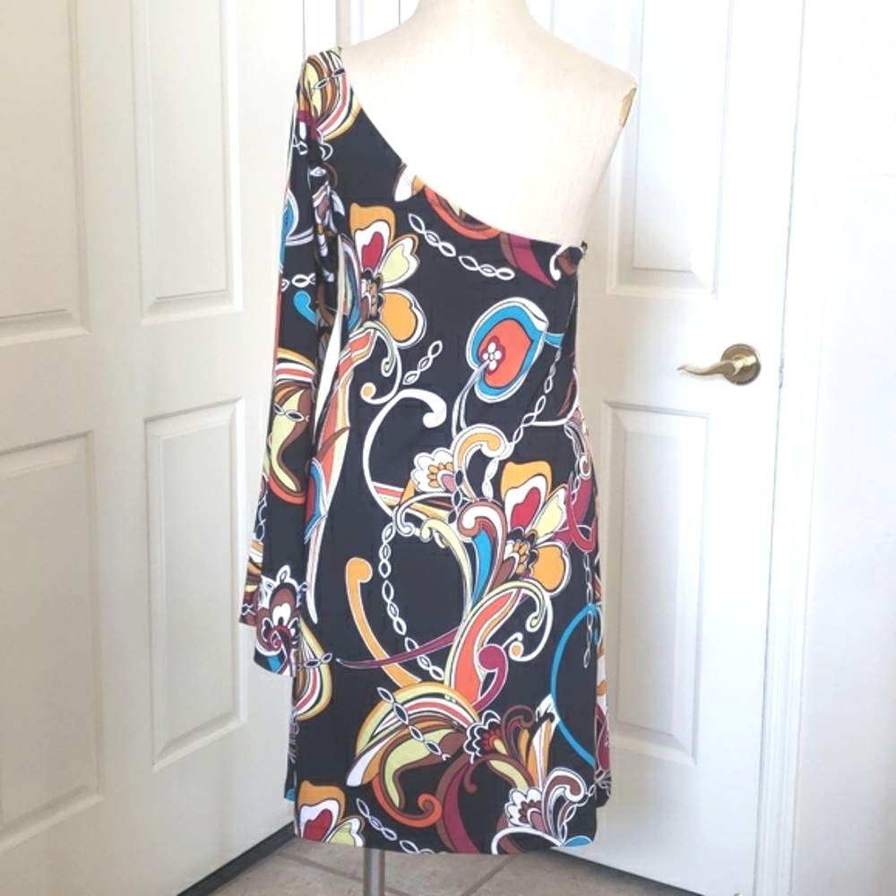 💐Vintage 90s Psychedelic One Shoulder Bell Sleeve Dress Black Multicolor MEDIUM - Picture 4 of 12